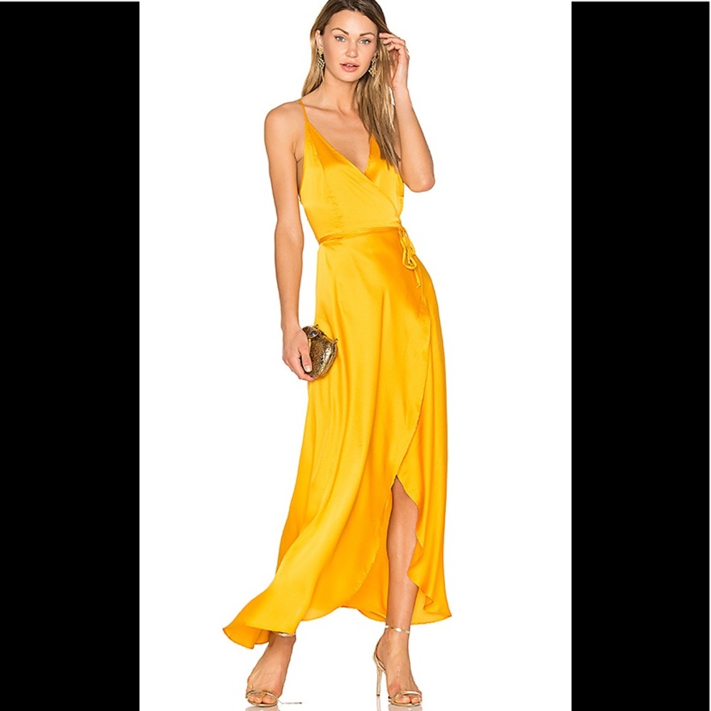 Two Arrows Revolve Yellow Satin Wrap Dress
